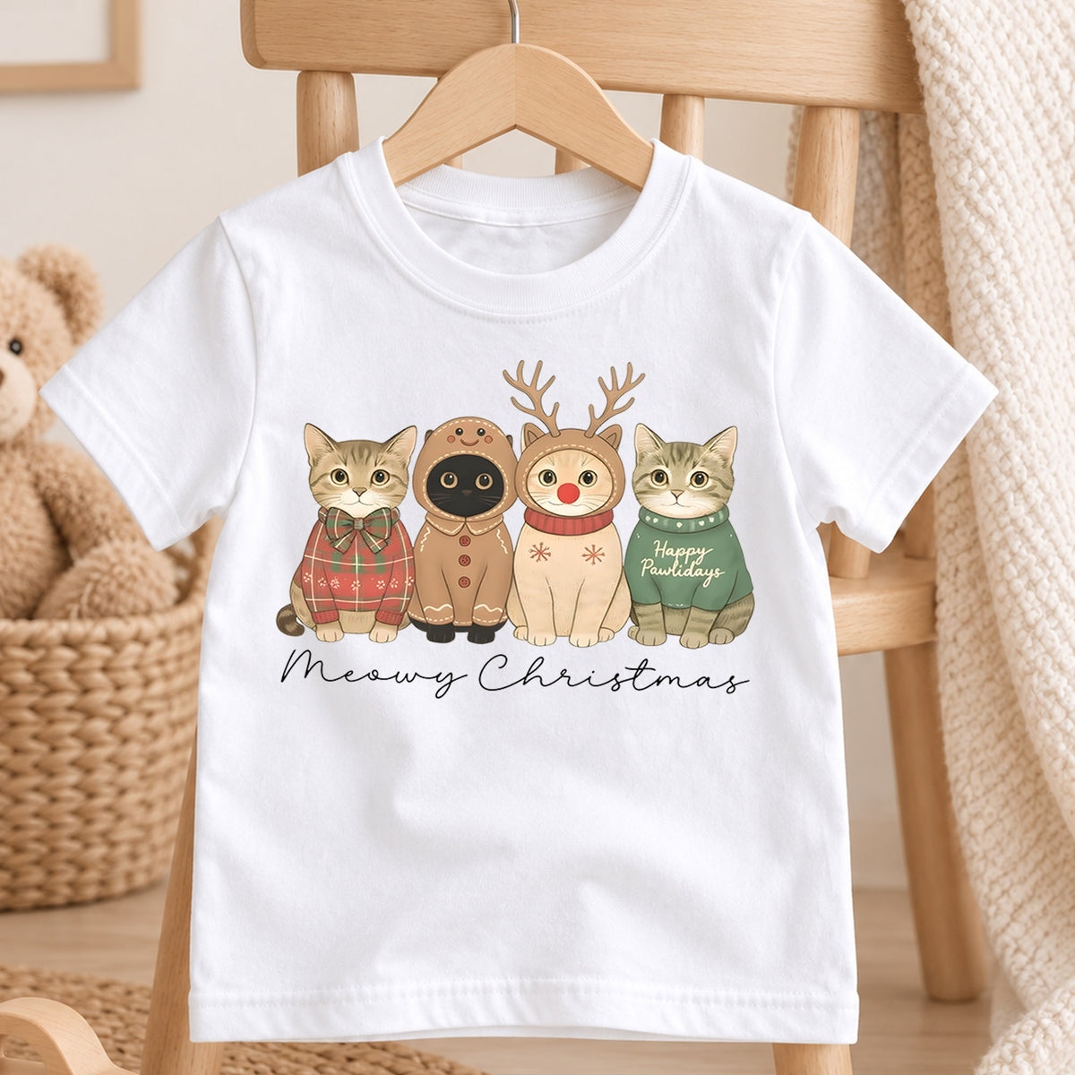 Meowy Christmas Kids Shirt, Cute Cat Holiday Tee, Funny Festive Christmas Outfit, Holiday Gift for Cat Lovers Cute Xmas Gift for Kids — product view 4