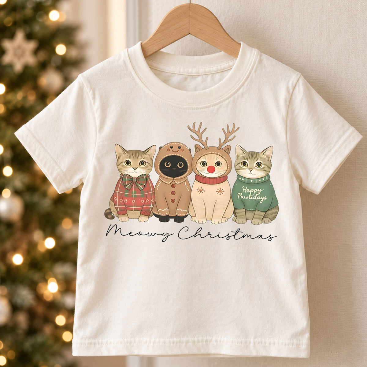 Meowy Christmas Kids Shirt, Cute Cat Holiday Tee, Funny Festive Christmas Outfit, Holiday Gift for Cat Lovers Cute Xmas Gift for Kids — product view 5