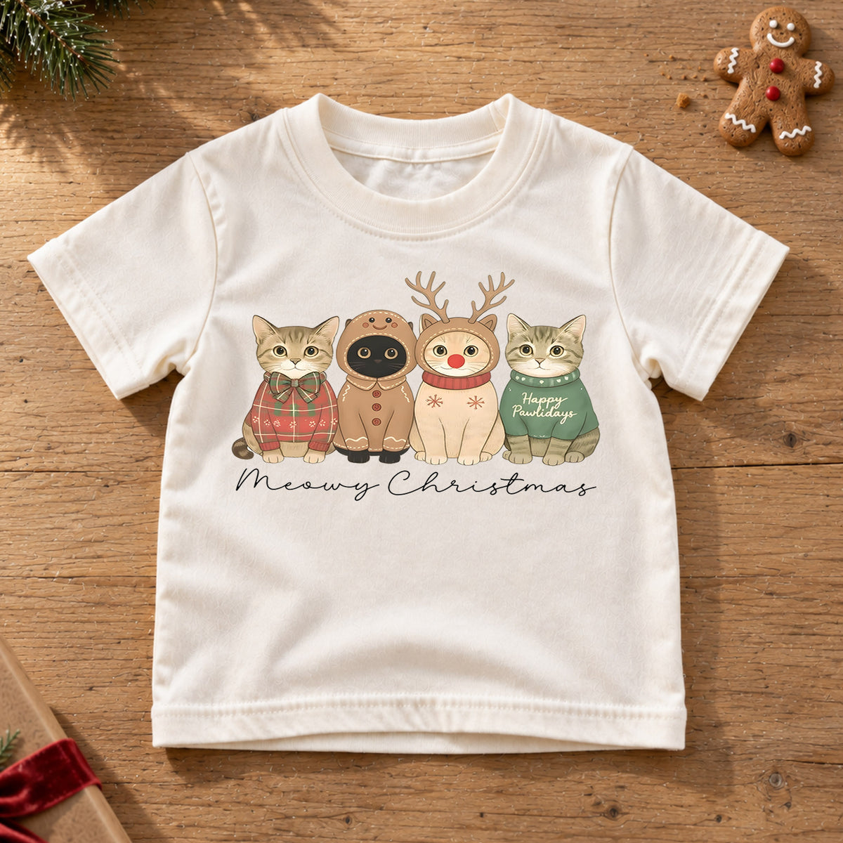 Meowy Christmas Kids Shirt, Cute Cat Holiday Tee, Funny Festive Christmas Outfit, Holiday Gift for Cat Lovers Cute Xmas Gift for Kids — product view 6