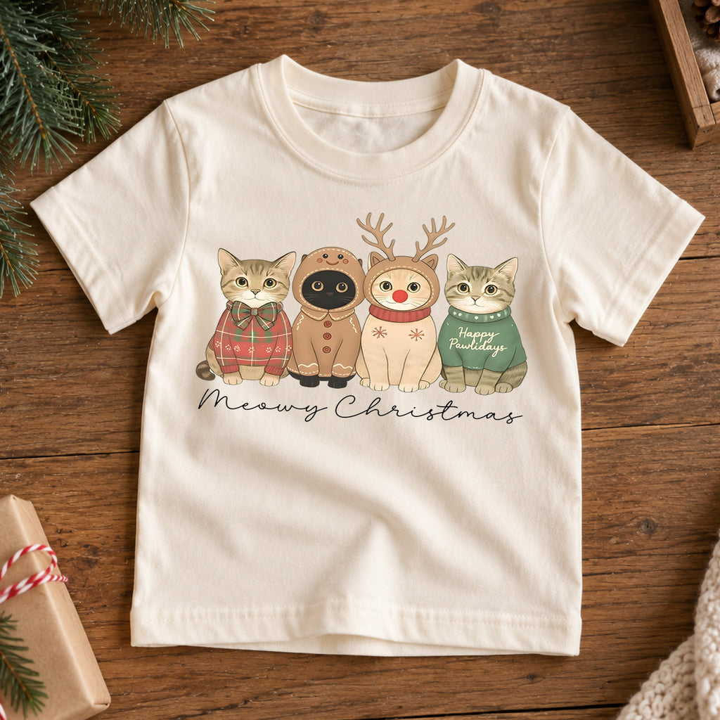 Meowy Christmas Kids Shirt, Cute Cat Holiday Tee, Funny Festive Christmas Outfit, Holiday Gift for Cat Lovers Cute Xmas Gift for Kids — product view 7