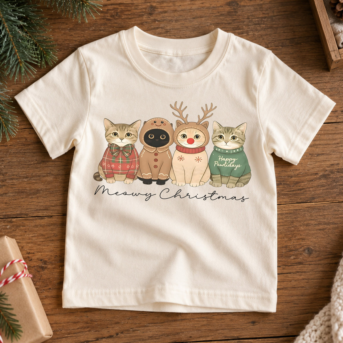 Meowy Christmas Kids Shirt, Cute Cat Holiday Tee, Funny Festive Christmas Outfit, Holiday Gift for Cat Lovers Cute Xmas Gift for Kids — product view 7