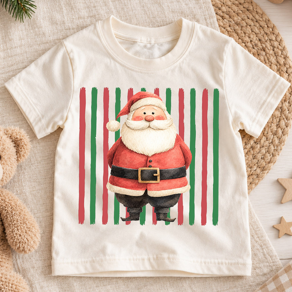 Santa Christmas Kids Shirt, Retro Stripe Holiday Tee, Cute Festive Christmas Outfit, Holiday Gift for Children Holiday Gift for Little Ones — product view 1