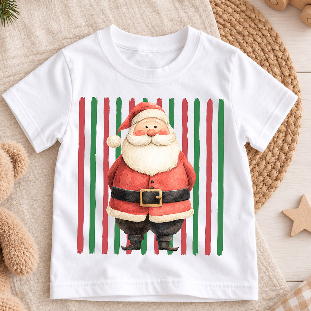 Santa Christmas Kids Shirt, Retro Stripe Holiday Tee, Cute Festive Christmas Outfit, Holiday Gift for Children Holiday Gift for Little Ones — product view 3
