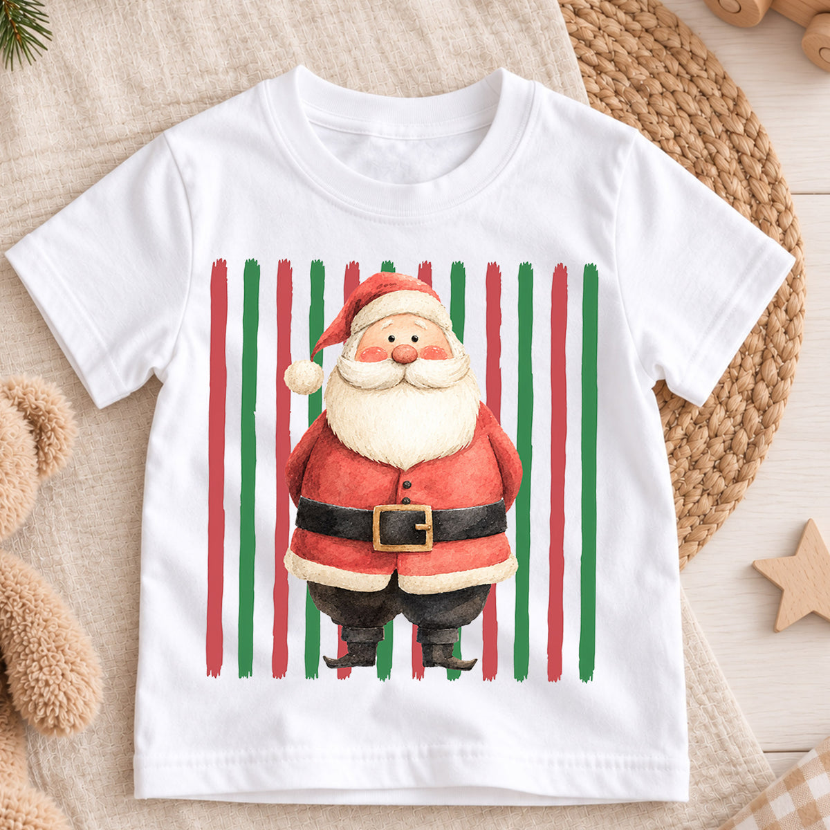 Santa Christmas Kids Shirt, Retro Stripe Holiday Tee, Cute Festive Christmas Outfit, Holiday Gift for Children Holiday Gift for Little Ones — product view 3