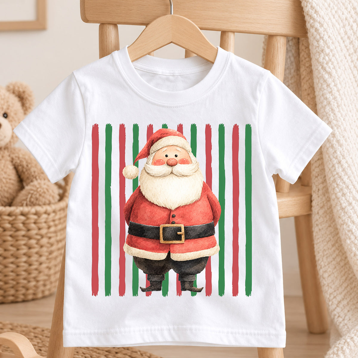 Santa Christmas Kids Shirt, Retro Stripe Holiday Tee, Cute Festive Christmas Outfit, Holiday Gift for Children Holiday Gift for Little Ones — product view 4