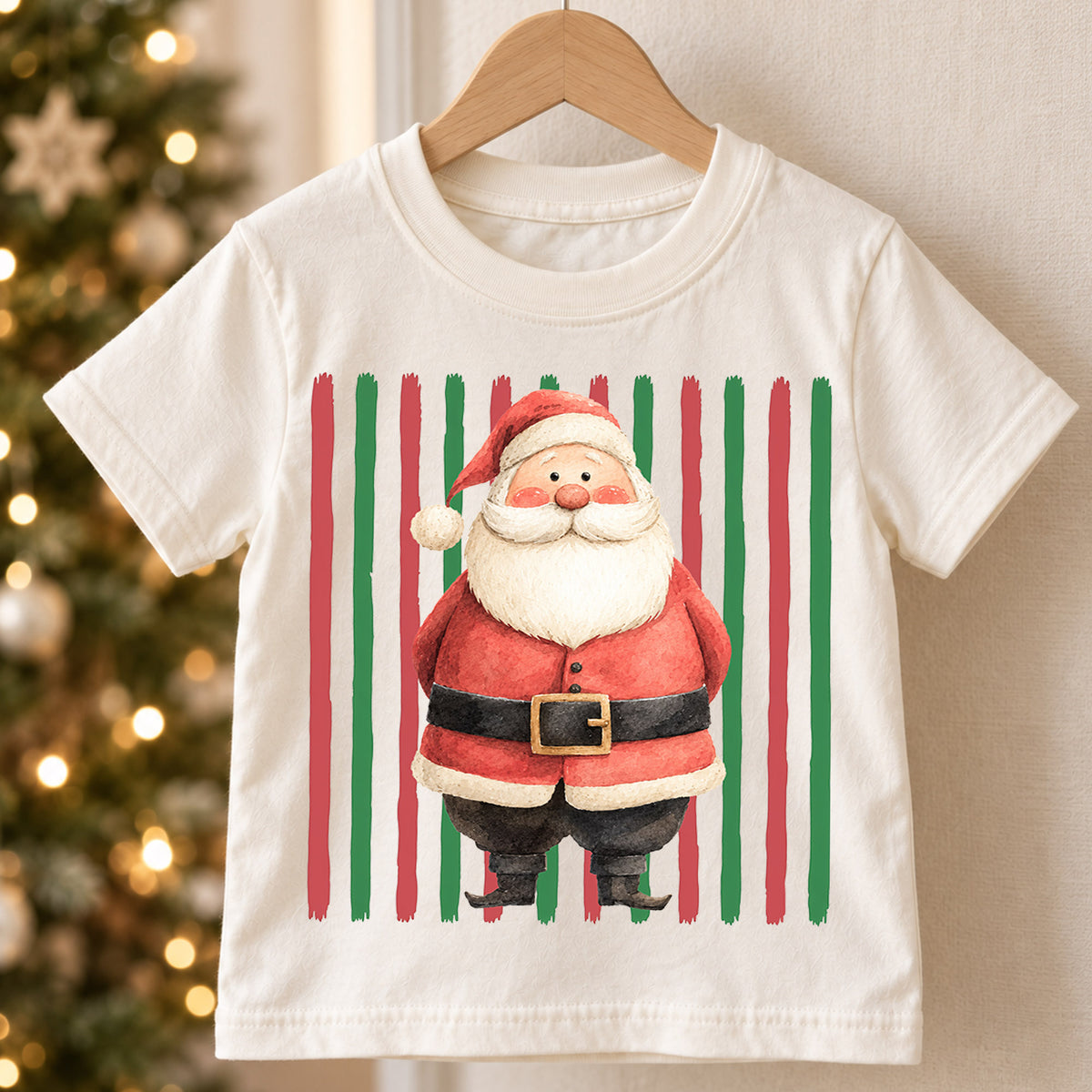 Santa Christmas Kids Shirt, Retro Stripe Holiday Tee, Cute Festive Christmas Outfit, Holiday Gift for Children Holiday Gift for Little Ones — product view 5