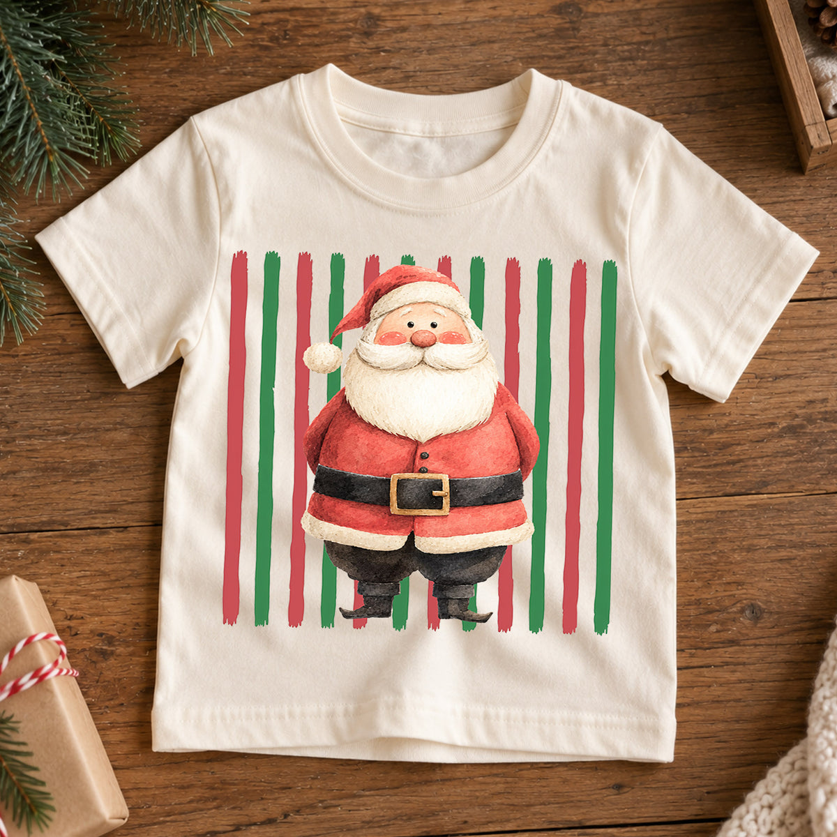 Santa Christmas Kids Shirt, Retro Stripe Holiday Tee, Cute Festive Christmas Outfit, Holiday Gift for Children Holiday Gift for Little Ones — product view 7