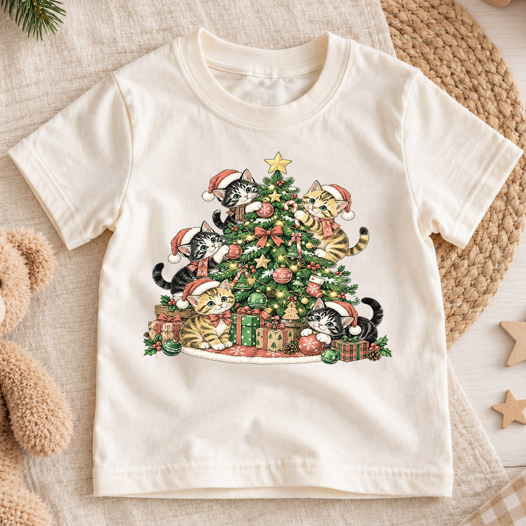 Christmas Cat Tree Kids Shirt, Cute Kitty Holiday Tee, Festive Christmas Outfit, Holiday Gift for Cat Lovers Cute Christmas Gift Idea — product view 1