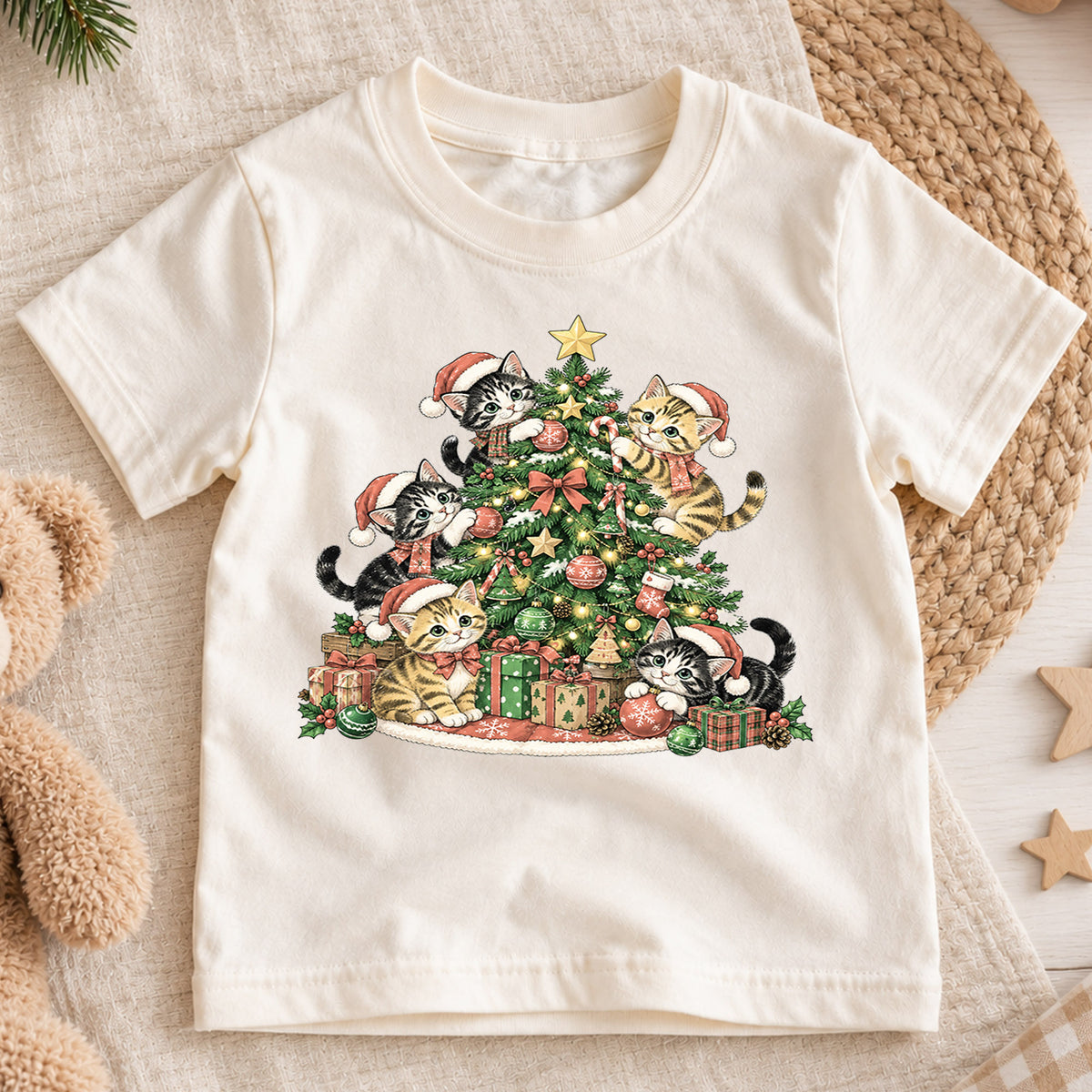 Christmas Cat Tree Kids Shirt, Cute Kitty Holiday Tee, Festive Christmas Outfit, Holiday Gift for Cat Lovers Cute Christmas Gift Idea — product view 1