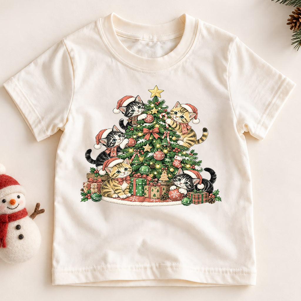 Christmas Cat Tree Kids Shirt, Cute Kitty Holiday Tee, Festive Christmas Outfit, Holiday Gift for Cat Lovers Cute Christmas Gift Idea — product view 2