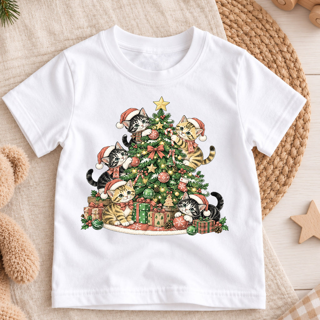 Christmas Cat Tree Kids Shirt, Cute Kitty Holiday Tee, Festive Christmas Outfit, Holiday Gift for Cat Lovers Cute Christmas Gift Idea — product view 3