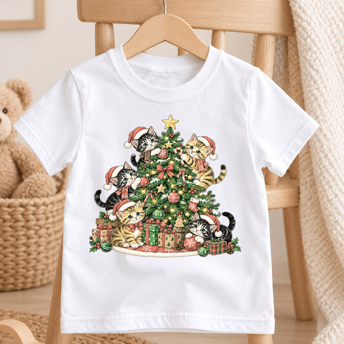Christmas Cat Tree Kids Shirt, Cute Kitty Holiday Tee, Festive Christmas Outfit, Holiday Gift for Cat Lovers Cute Christmas Gift Idea — product view 4