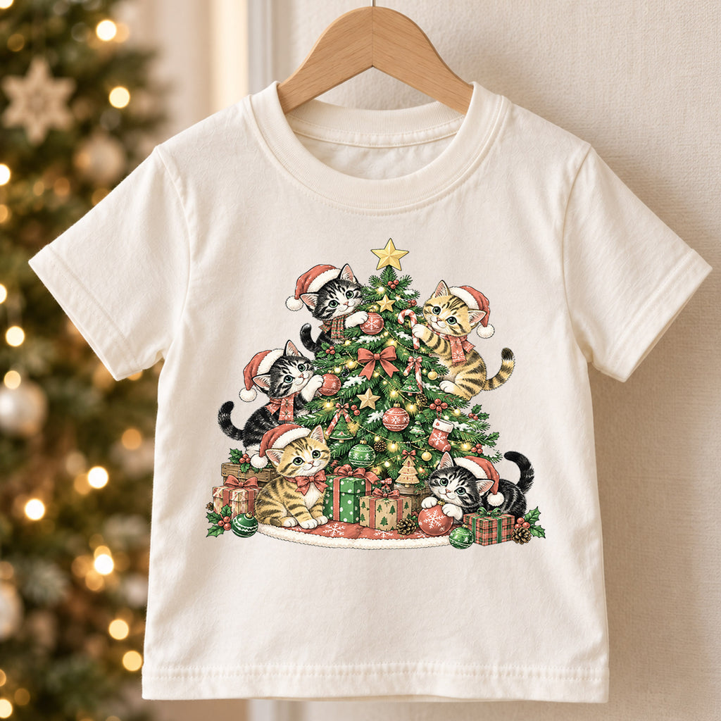 Christmas Cat Tree Kids Shirt, Cute Kitty Holiday Tee, Festive Christmas Outfit, Holiday Gift for Cat Lovers Cute Christmas Gift Idea — product view 5