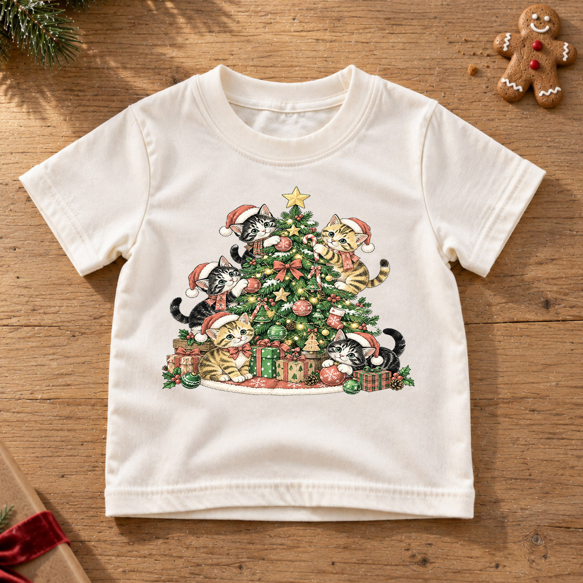 Christmas Cat Tree Kids Shirt, Cute Kitty Holiday Tee, Festive Christmas Outfit, Holiday Gift for Cat Lovers Cute Christmas Gift Idea — product view 6