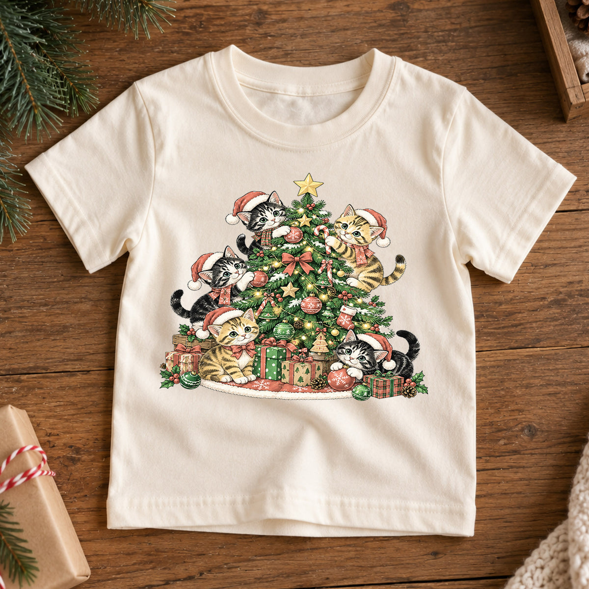 Christmas Cat Tree Kids Shirt, Cute Kitty Holiday Tee, Festive Christmas Outfit, Holiday Gift for Cat Lovers Cute Christmas Gift Idea — product view 7
