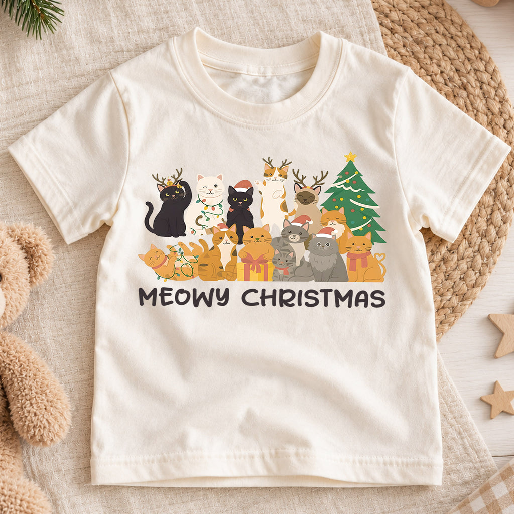 Meowy Christmas Kids Shirt, Cute Cat Holiday Tee, Funny Festive Outfit, Christmas Gift for Cat Lovers, Cute Holiday Party Shirt for Kids — product view 1