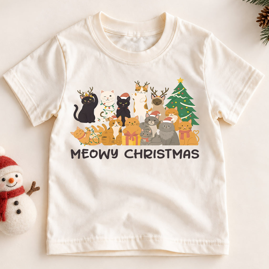 Meowy Christmas Kids Shirt, Cute Cat Holiday Tee, Funny Festive Outfit, Christmas Gift for Cat Lovers, Cute Holiday Party Shirt for Kids — product view 2