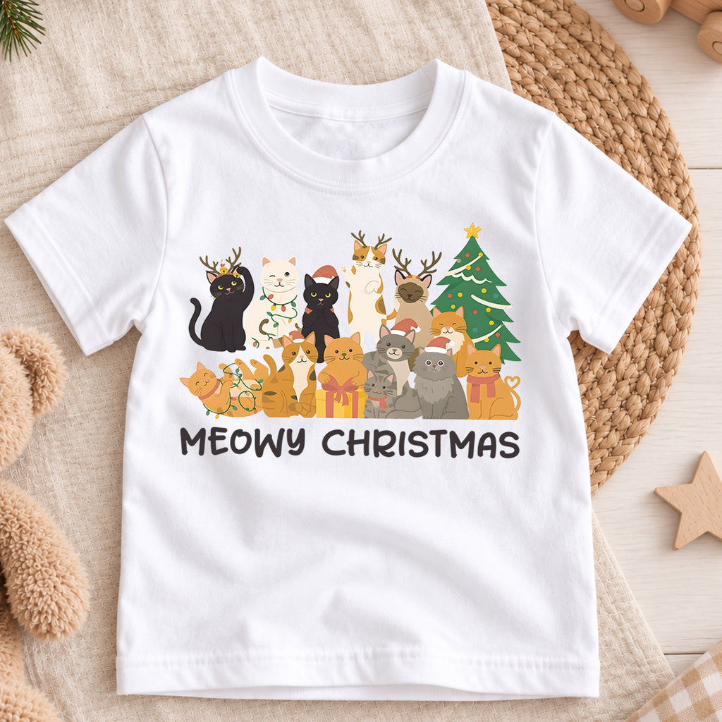 Meowy Christmas Kids Shirt, Cute Cat Holiday Tee, Funny Festive Outfit, Christmas Gift for Cat Lovers, Cute Holiday Party Shirt for Kids — product view 3