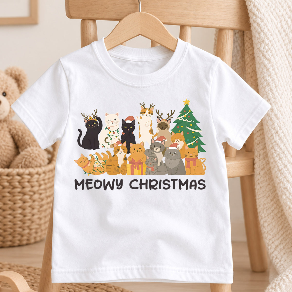 Meowy Christmas Kids Shirt, Cute Cat Holiday Tee, Funny Festive Outfit, Christmas Gift for Cat Lovers, Cute Holiday Party Shirt for Kids — product view 4