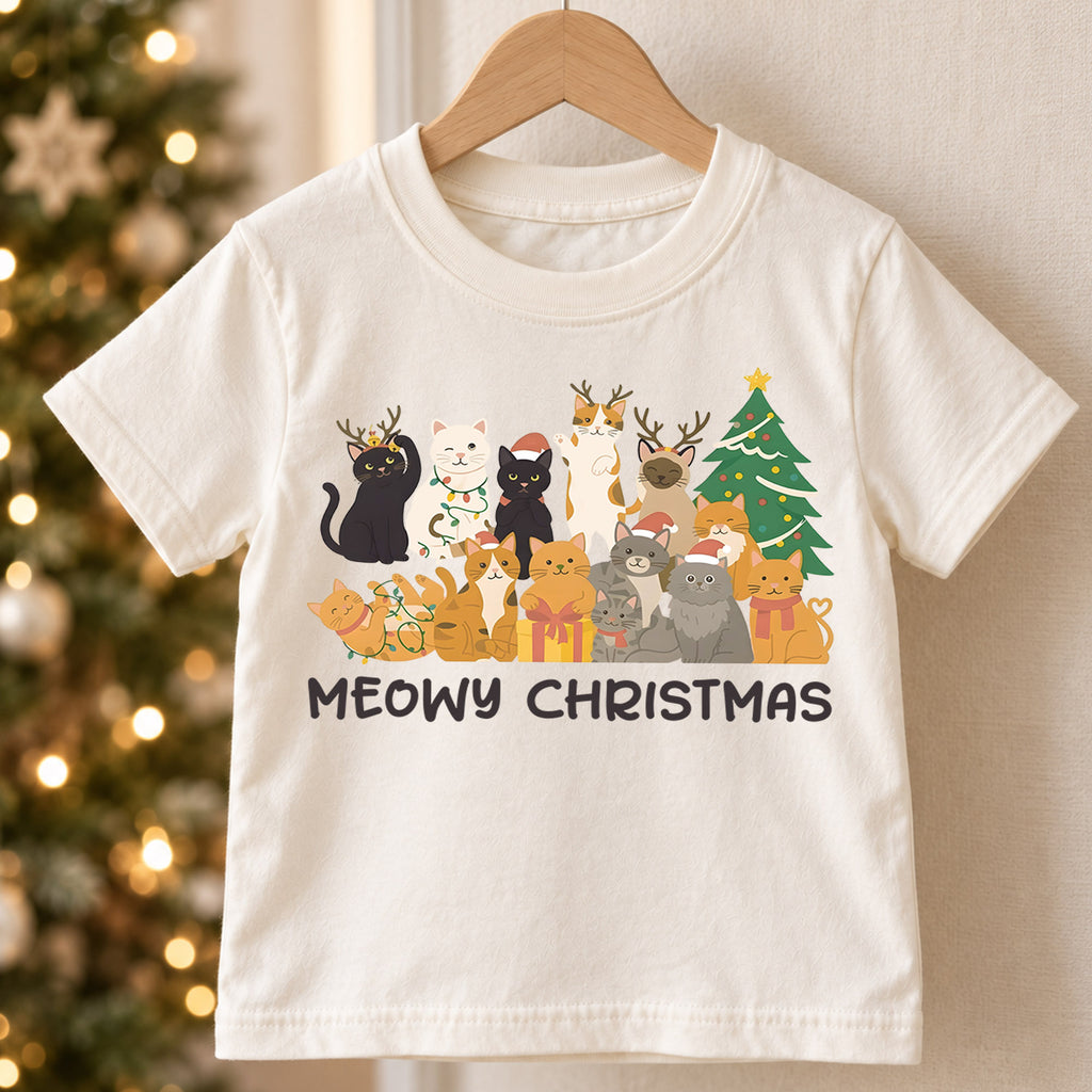 Meowy Christmas Kids Shirt, Cute Cat Holiday Tee, Funny Festive Outfit, Christmas Gift for Cat Lovers, Cute Holiday Party Shirt for Kids — product view 5