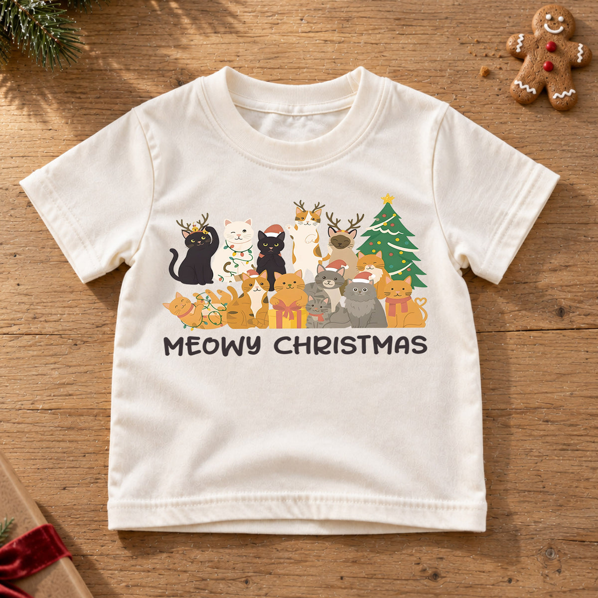 Meowy Christmas Kids Shirt, Cute Cat Holiday Tee, Funny Festive Outfit, Christmas Gift for Cat Lovers, Cute Holiday Party Shirt for Kids — product view 6