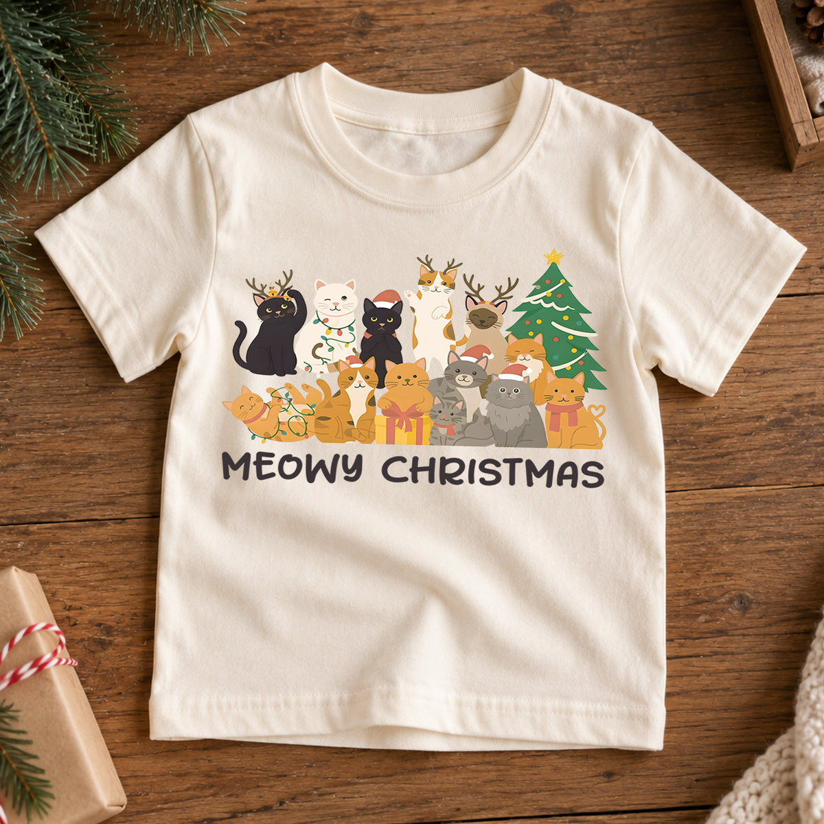 Meowy Christmas Kids Shirt, Cute Cat Holiday Tee, Funny Festive Outfit, Christmas Gift for Cat Lovers, Cute Holiday Party Shirt for Kids — product view 7