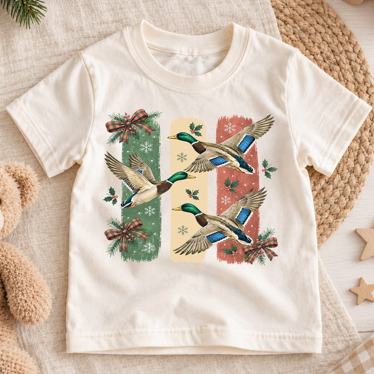 Christmas Duck Kids Shirt, Flying Mallard Holiday Tee, Cute Festive Christmas Outfit, Holiday Gift for Boys and Girls Holiday Gift Idea — product view 1