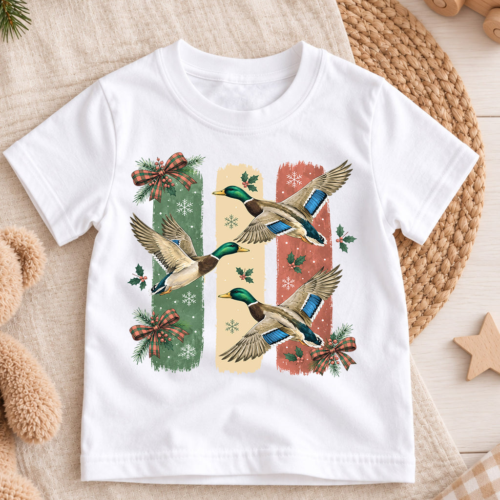 Christmas Duck Kids Shirt, Flying Mallard Holiday Tee, Cute Festive Christmas Outfit, Holiday Gift for Boys and Girls Holiday Gift Idea — product view 3