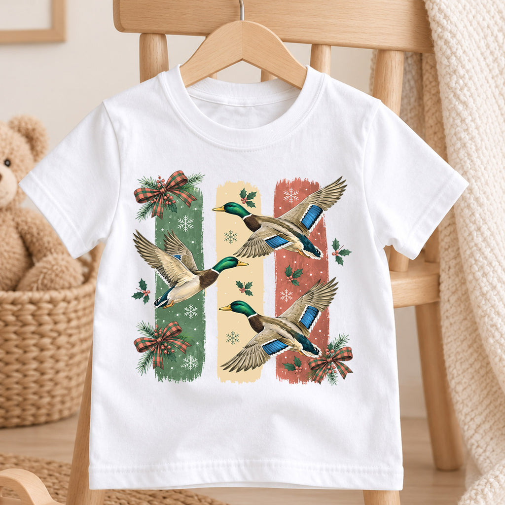 Christmas Duck Kids Shirt, Flying Mallard Holiday Tee, Cute Festive Christmas Outfit, Holiday Gift for Boys and Girls Holiday Gift Idea — product view 4