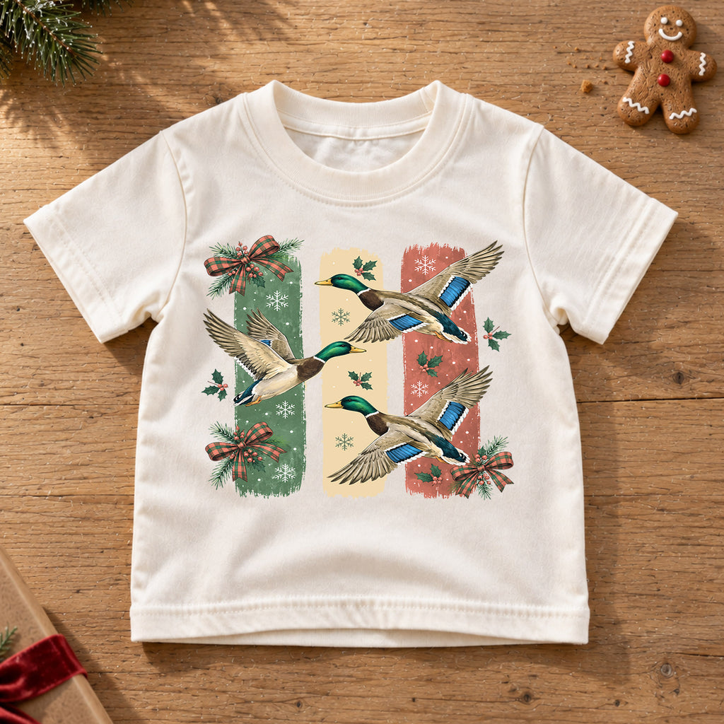 Christmas Duck Kids Shirt, Flying Mallard Holiday Tee, Cute Festive Christmas Outfit, Holiday Gift for Boys and Girls Holiday Gift Idea — product view 6