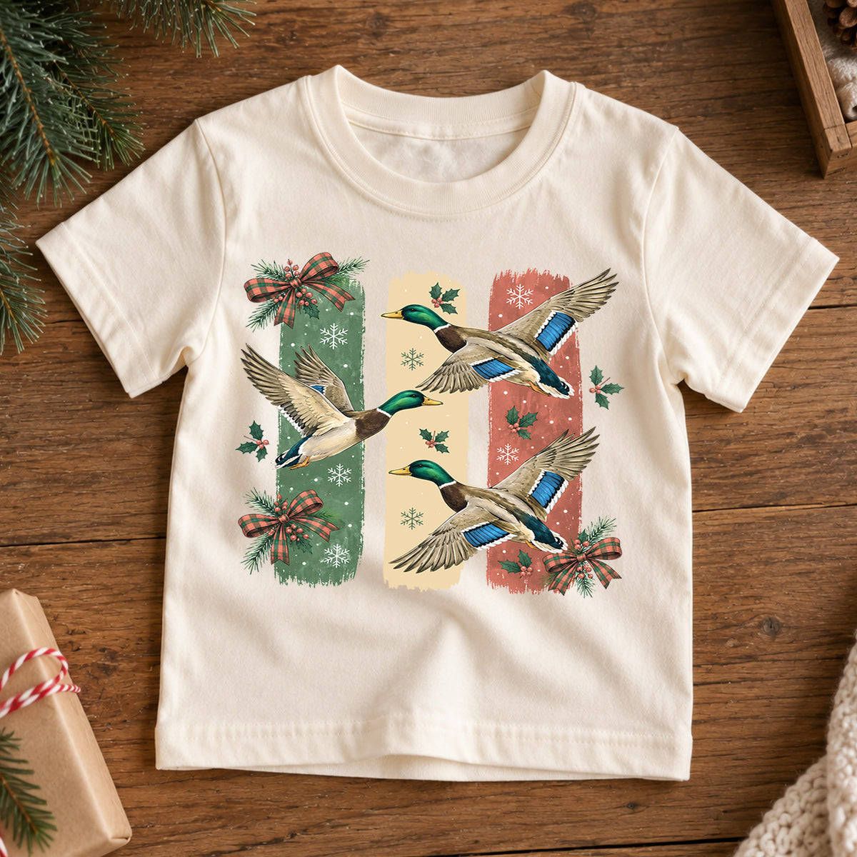 Christmas Duck Kids Shirt, Flying Mallard Holiday Tee, Cute Festive Christmas Outfit, Holiday Gift for Boys and Girls Holiday Gift Idea — product view 7