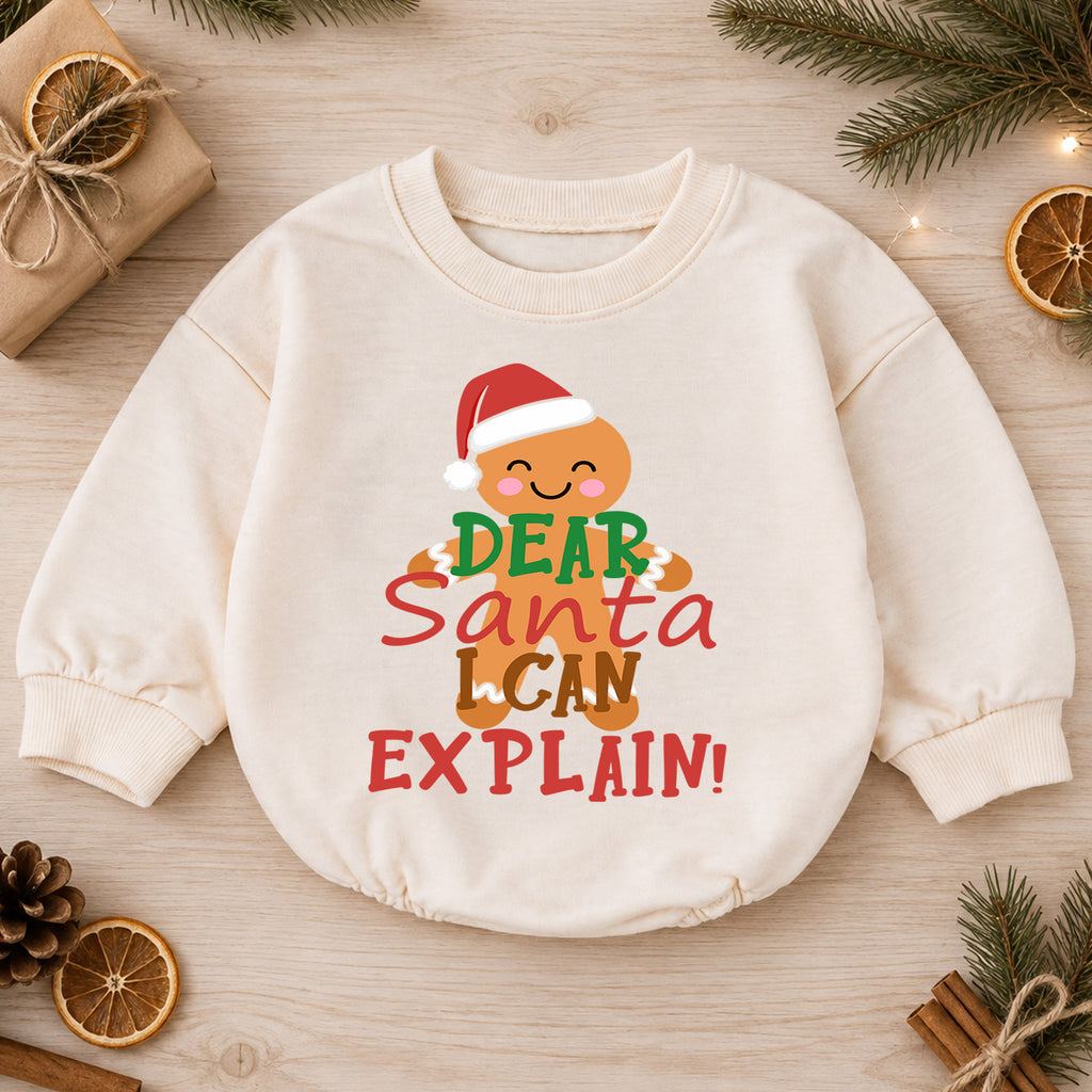 Dear Santa I Can Explain Baby Christmas Romper, Gingerbread Holiday Outfit, Funny Christmas Baby Clothes, Toddler Xmas Gift — product view 1