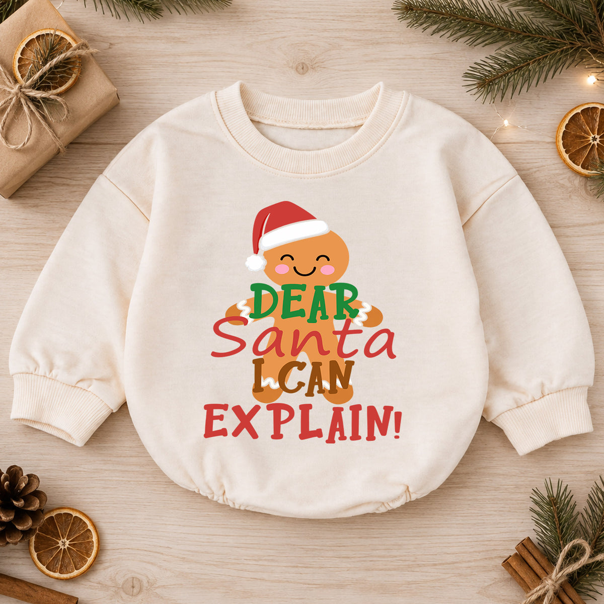 Dear Santa I Can Explain Baby Christmas Romper, Gingerbread Holiday Outfit, Funny Christmas Baby Clothes, Toddler Xmas Gift — product view 1
