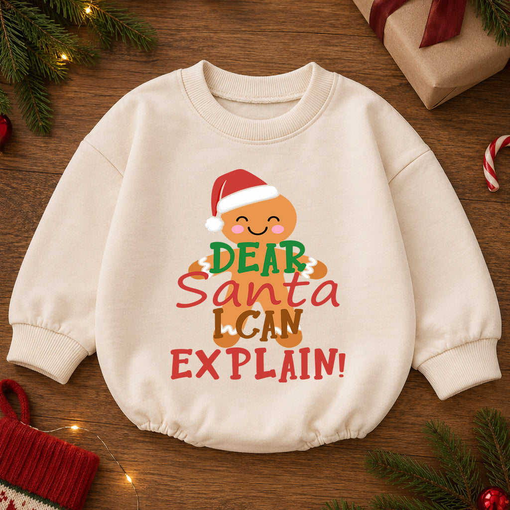Dear Santa I Can Explain Baby Christmas Romper, Gingerbread Holiday Outfit, Funny Christmas Baby Clothes, Toddler Xmas Gift — product view 2