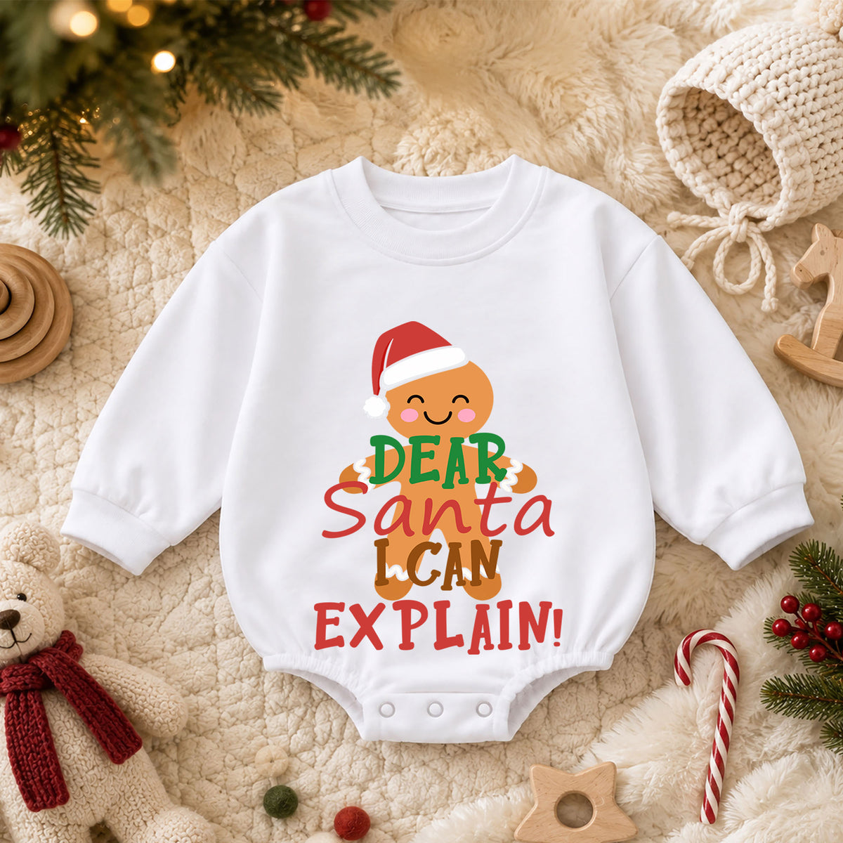 Dear Santa I Can Explain Baby Christmas Romper, Gingerbread Holiday Outfit, Funny Christmas Baby Clothes, Toddler Xmas Gift — product view 3