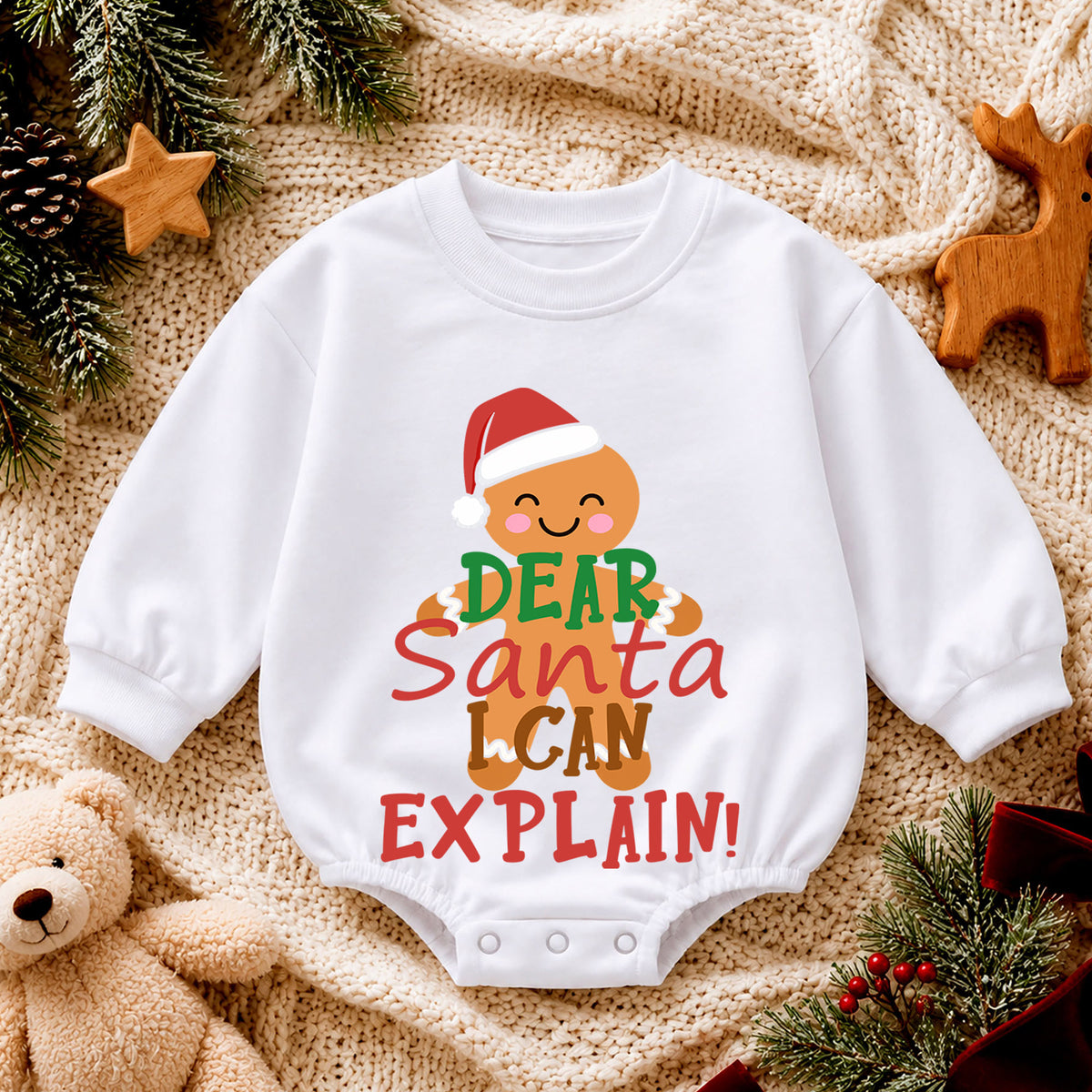Dear Santa I Can Explain Baby Christmas Romper, Gingerbread Holiday Outfit, Funny Christmas Baby Clothes, Toddler Xmas Gift — product view 4