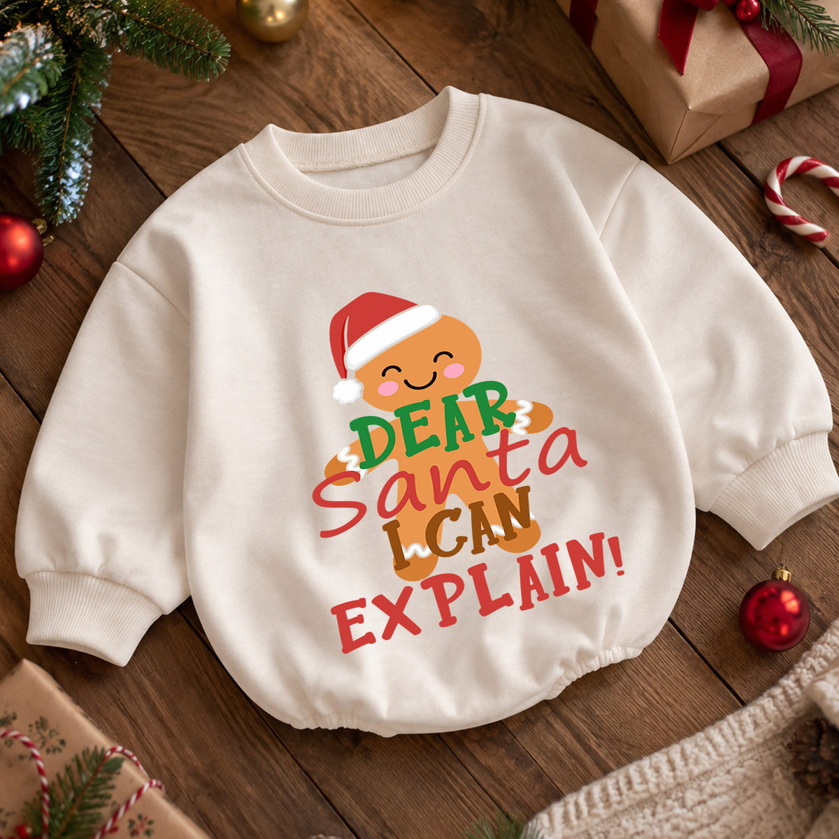 Dear Santa I Can Explain Baby Christmas Romper, Gingerbread Holiday Outfit, Funny Christmas Baby Clothes, Toddler Xmas Gift — product view 5