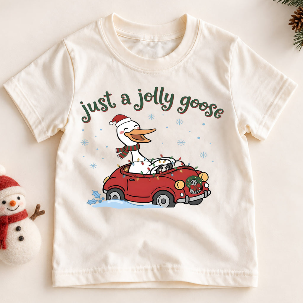 Just a Jolly Goose Christmas Shirt, Funny Holiday Car Tee, Cute Festive Christmas Outfit, Holiday Gift for Kids Holiday Gift for Little Ones — product view 2