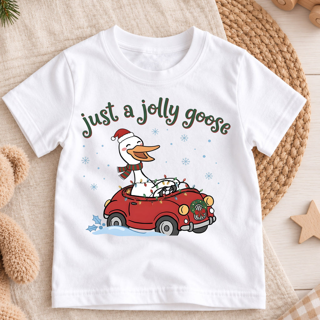 Just a Jolly Goose Christmas Shirt, Funny Holiday Car Tee, Cute Festive Christmas Outfit, Holiday Gift for Kids Holiday Gift for Little Ones — product view 3
