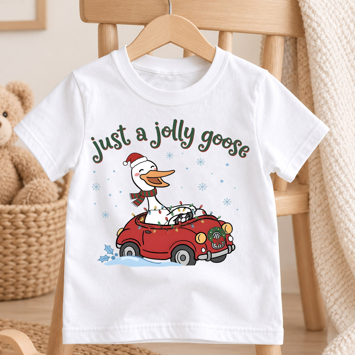 Just a Jolly Goose Christmas Shirt, Funny Holiday Car Tee, Cute Festive Christmas Outfit, Holiday Gift for Kids Holiday Gift for Little Ones — product view 4