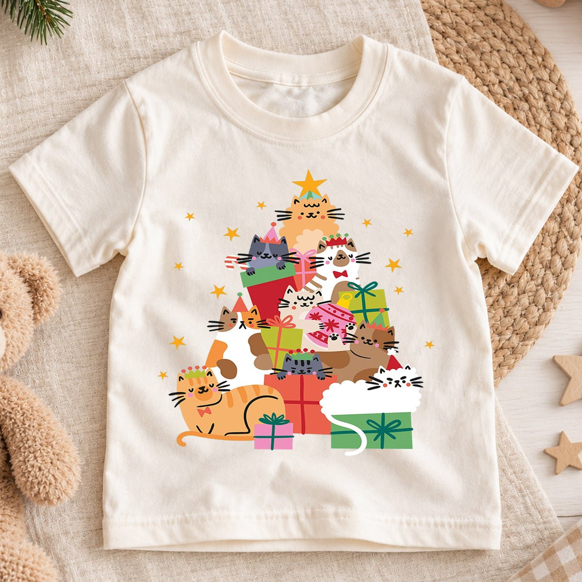 Christmas Cats Kids Shirt, Cute Kitty Gift Holiday Tee, Festive Christmas Outfit, Holiday Gift for Cat Lovers Festive Xmas Gift Idea — product view 1