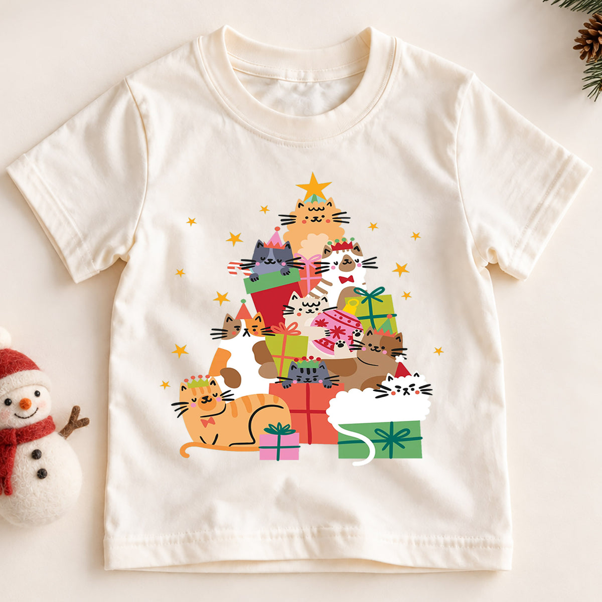Christmas Cats Kids Shirt, Cute Kitty Gift Holiday Tee, Festive Christmas Outfit, Holiday Gift for Cat Lovers Festive Xmas Gift Idea — product view 2