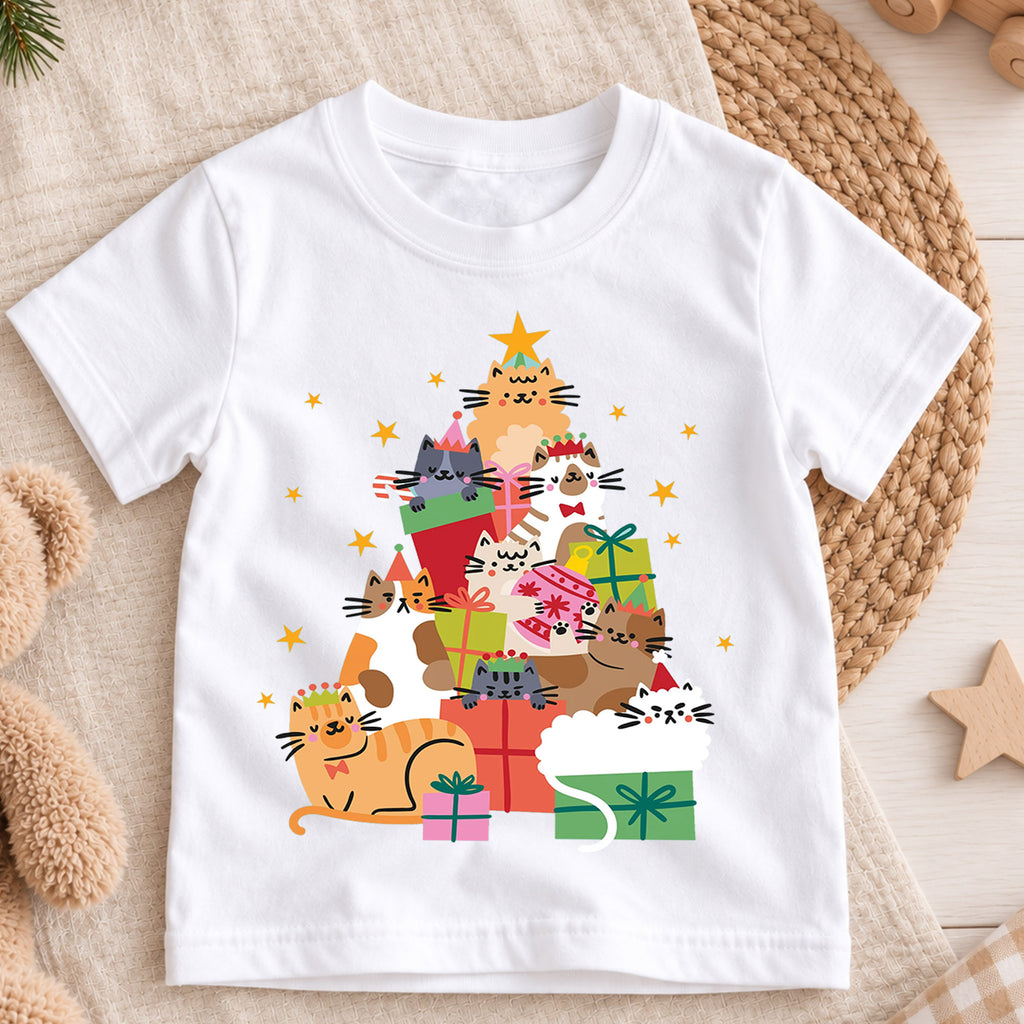 Christmas Cats Kids Shirt, Cute Kitty Gift Holiday Tee, Festive Christmas Outfit, Holiday Gift for Cat Lovers Festive Xmas Gift Idea — product view 3