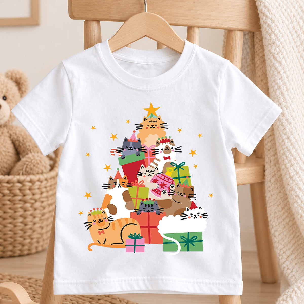 Christmas Cats Kids Shirt, Cute Kitty Gift Holiday Tee, Festive Christmas Outfit, Holiday Gift for Cat Lovers Festive Xmas Gift Idea — product view 4
