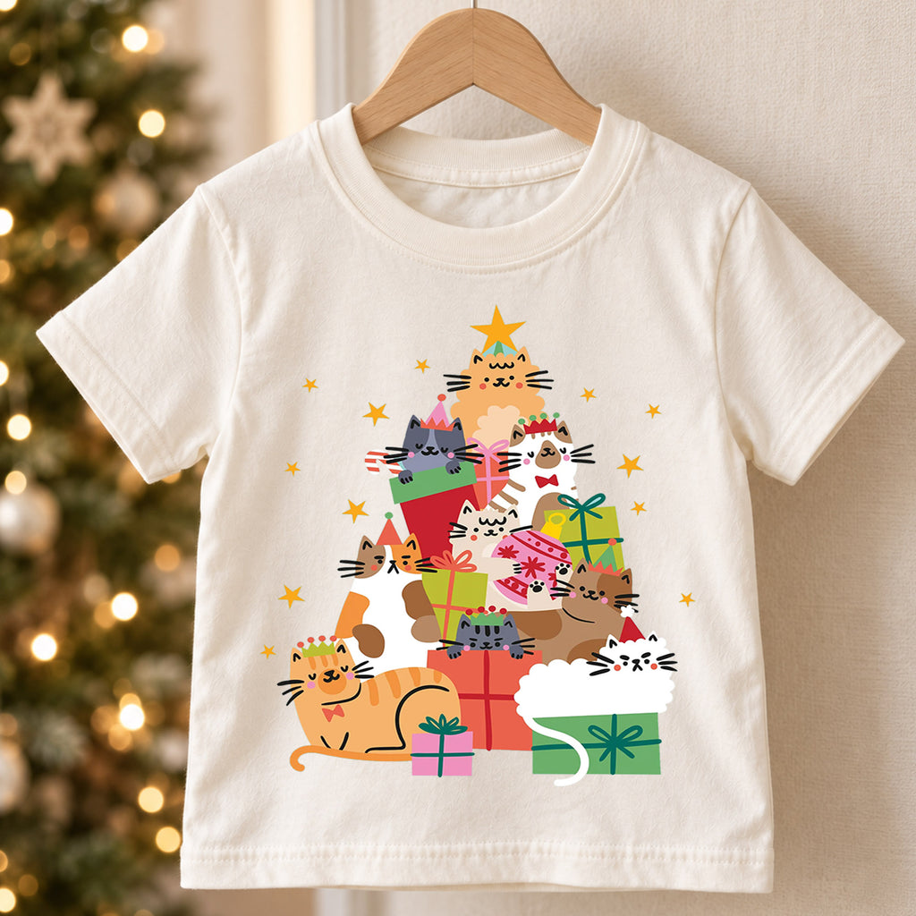 Christmas Cats Kids Shirt, Cute Kitty Gift Holiday Tee, Festive Christmas Outfit, Holiday Gift for Cat Lovers Festive Xmas Gift Idea — product view 5