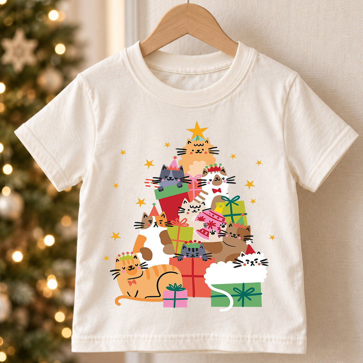 Christmas Cats Kids Shirt, Cute Kitty Gift Holiday Tee, Festive Christmas Outfit, Holiday Gift for Cat Lovers Festive Xmas Gift Idea — product view 5