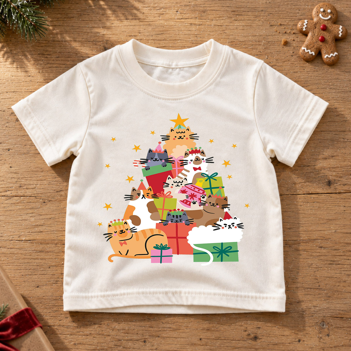 Christmas Cats Kids Shirt, Cute Kitty Gift Holiday Tee, Festive Christmas Outfit, Holiday Gift for Cat Lovers Festive Xmas Gift Idea — product view 6