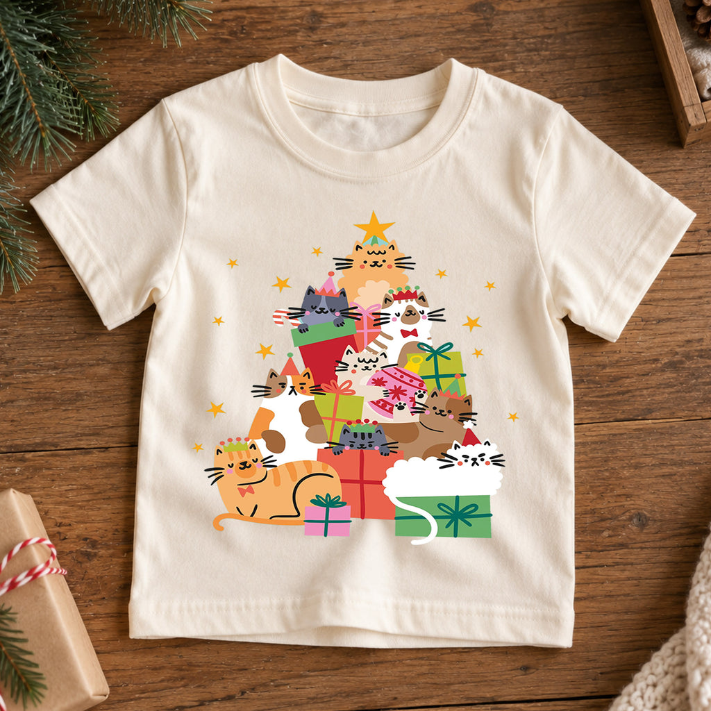 Christmas Cats Kids Shirt, Cute Kitty Gift Holiday Tee, Festive Christmas Outfit, Holiday Gift for Cat Lovers Festive Xmas Gift Idea — product view 7