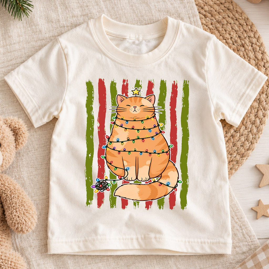 Funny Christmas Cat Kids Shirt, Cat Wrapped in Lights Holiday Tee, Cute Festive Outfit, Christmas Gift for Kids Cute Christmas Gift Idea — product view 1