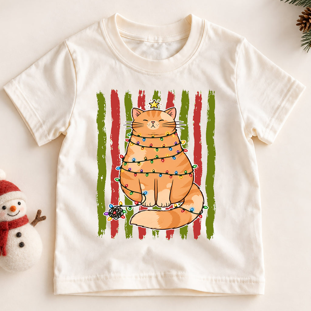 Funny Christmas Cat Kids Shirt, Cat Wrapped in Lights Holiday Tee, Cute Festive Outfit, Christmas Gift for Kids Cute Christmas Gift Idea — product view 2